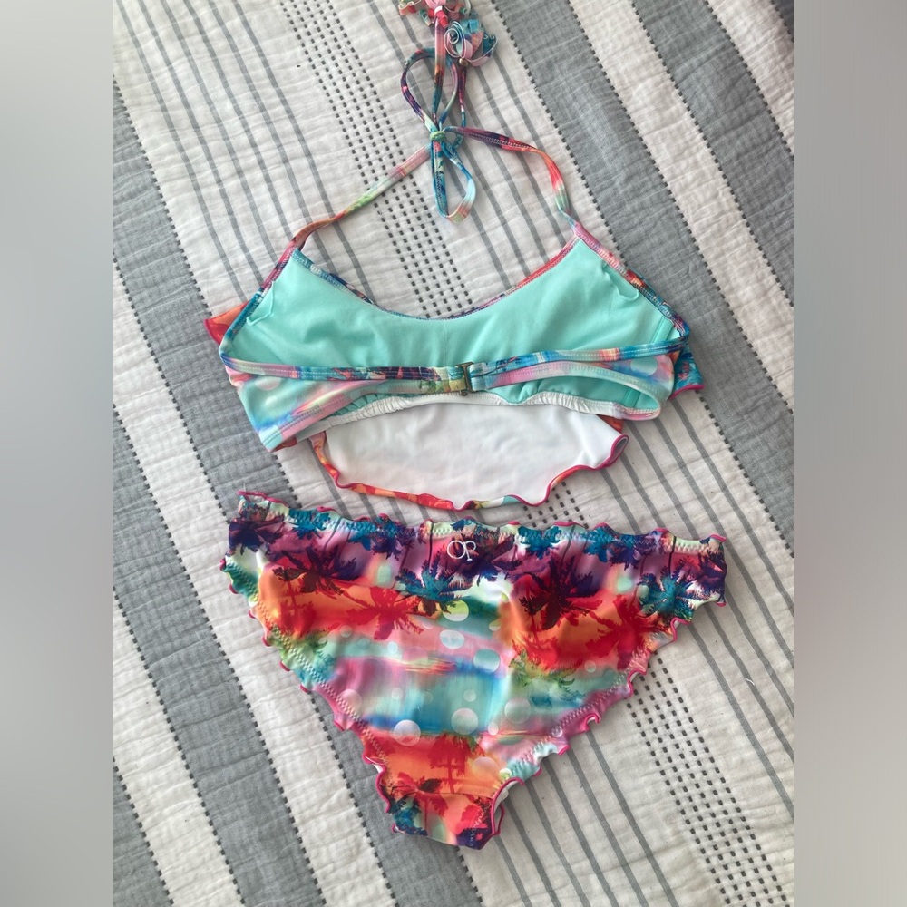 OP Multi-Color Palm Tree Print Two Piece Swimsuit Size 7-9 Medium - Picture 2 of 3